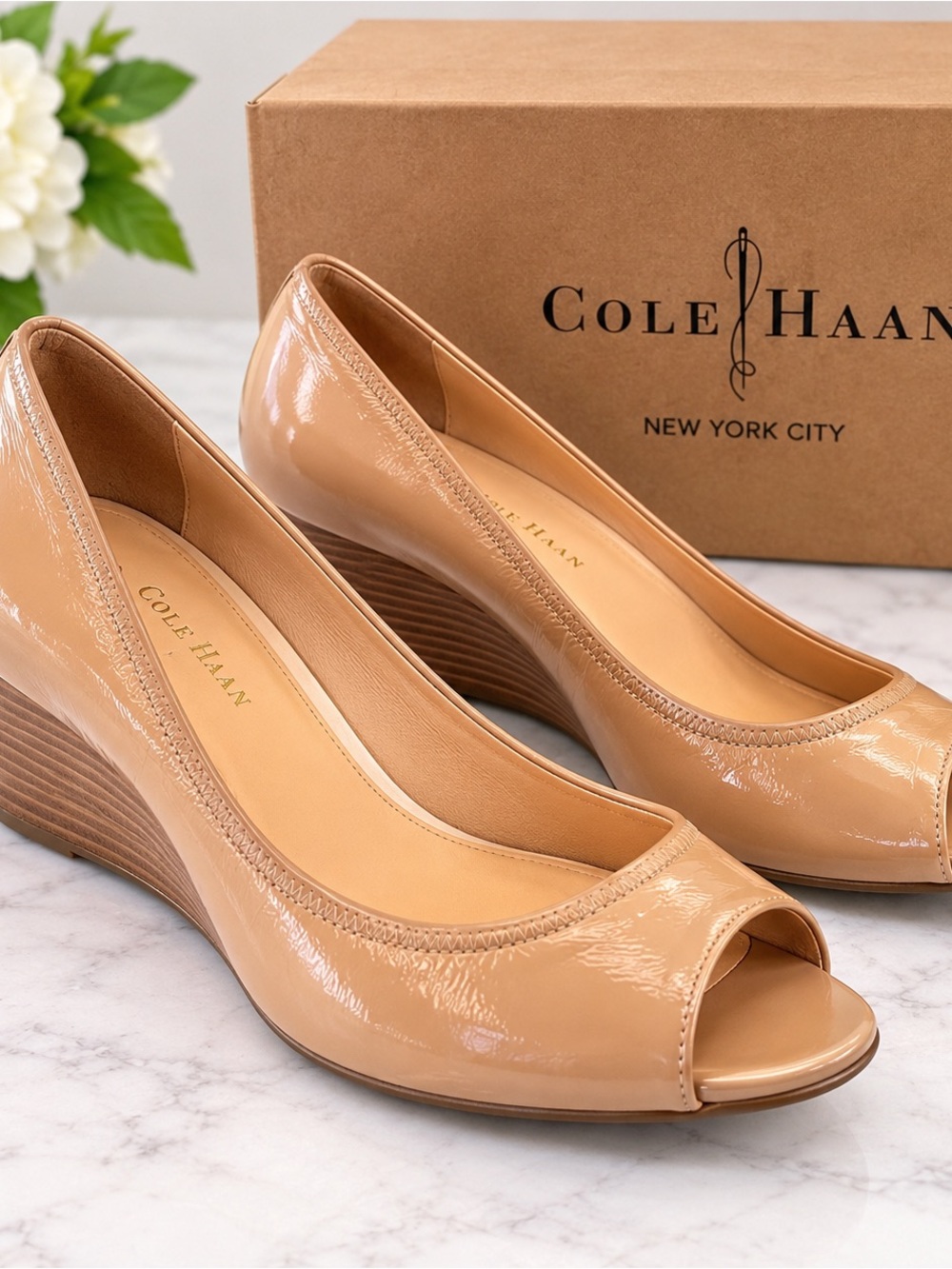 Cole Haan Nude Patent Peep-Toe Wedge Pumps